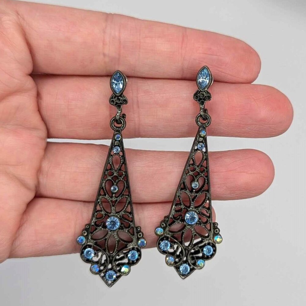 Women Blue Crystal Rhinestone Long Dangle Chandelier Earrings Black